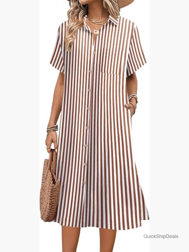 Women's Casual Button Down Midi Shirt Dress With Pockets